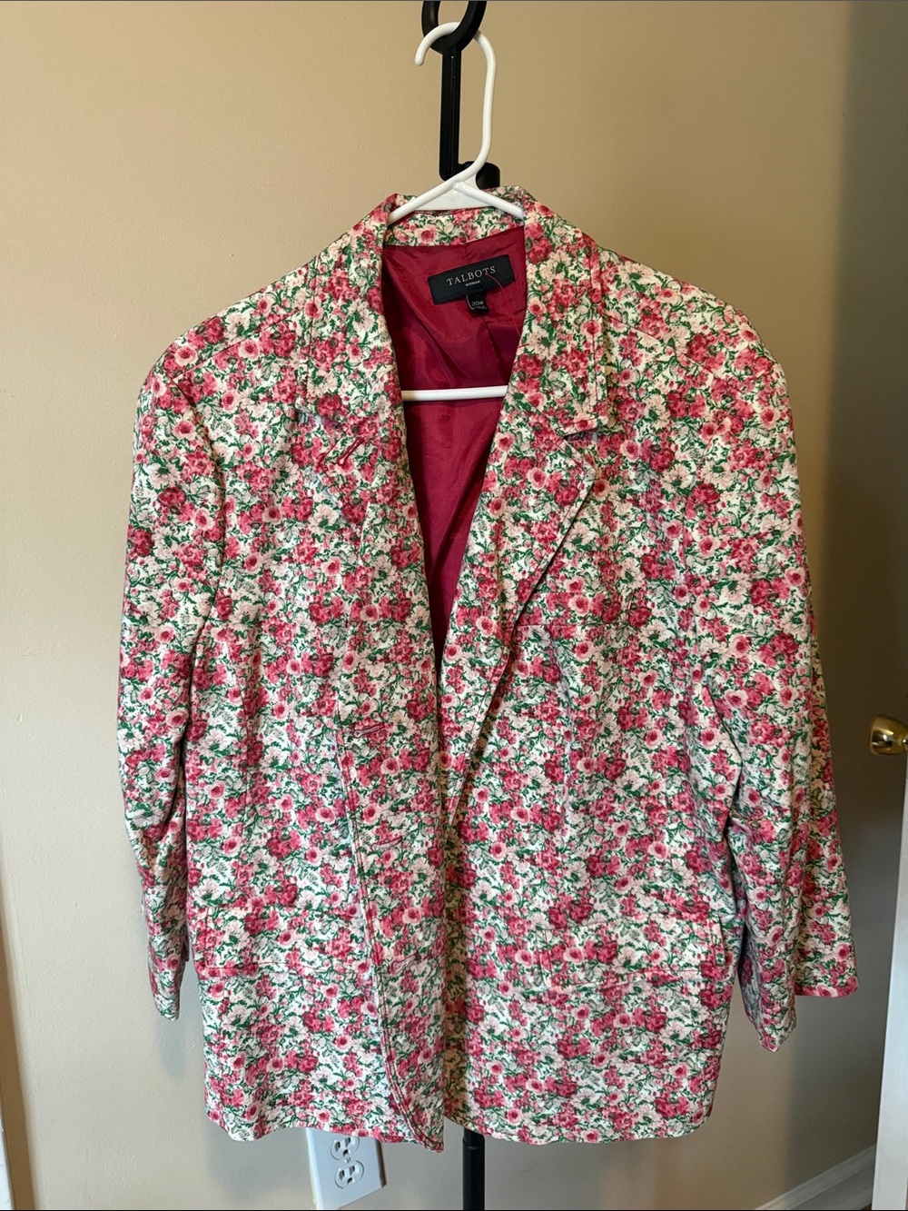 Talbots Cream Blazer with Pink Rose Print and Green Leaves
